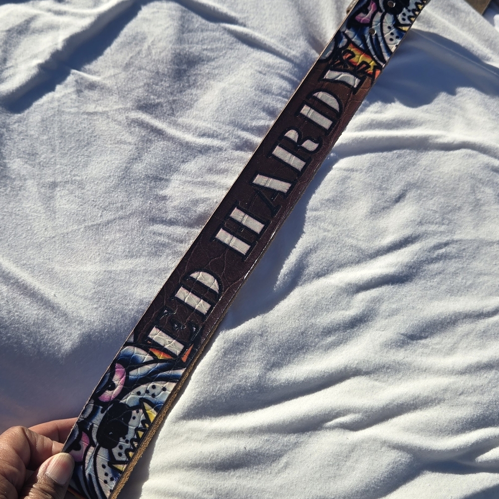 Ed Hardy Brown Leather Belt with Multicolor Graphic Accents